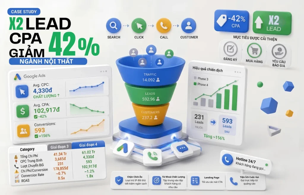 Ảnh minh họa dự án [Case Study] Ngành Nội Thất: Giảm 42% Chi Phí Chuyển Đổi, Tăng Lead Và Xây Dựng Lộ Trình Bền Vững.