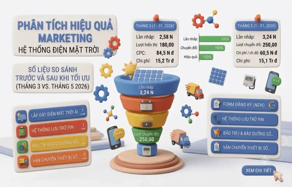 Bảng chỉ số Google Ads dự án [Case Study]: Ngành Điện Năng Lượng Mặt Trời Tăng 38% Chuyển Đổi & Giảm 30% CPA
