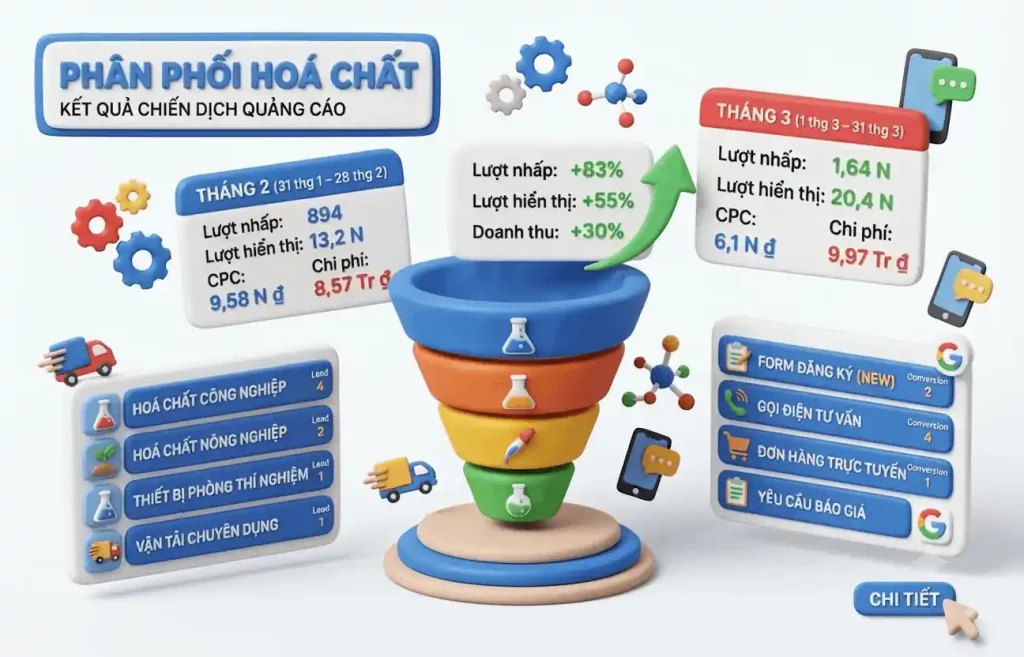 Bảng chỉ số Google Ads dự án [Case Study] Ngành Phân Phối Hoá Chất: Tăng 83% Lượng Truy Cập & Giảm Mạnh CPC