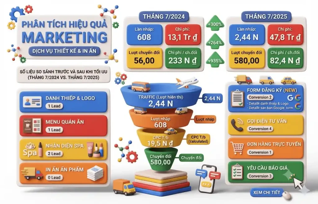 Bảng chỉ số Google Ads dự án [Case Study]: Ngành In Ấn & Thiết Kế : Từ Sự E Dè Đến Niềm Tin Tuyệt Đối – Cách Ads Growth Tăng 935% Đơn