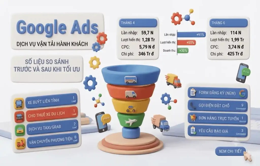 Bảng chỉ số Google Ads dự án [Case Study] Ngành Vận Tải Hành Khách: Đánh Bay “Click Tặc”, Tăng 91% Lượng Khách Đặt Vé Xe